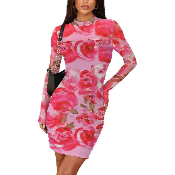 Women's Pink Floral Print Long Sleeve Ruched Bodycon Neck Mini Party Dresse - Picture 2 of 5